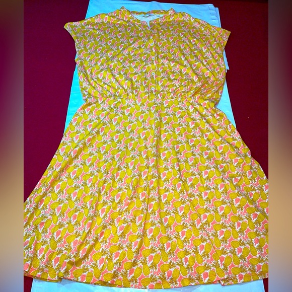 Boden YELLOW pink Pineapple Flippy Jersey Mini DRESS size 14R Flared 1/2 Button - Picture 4 of 16